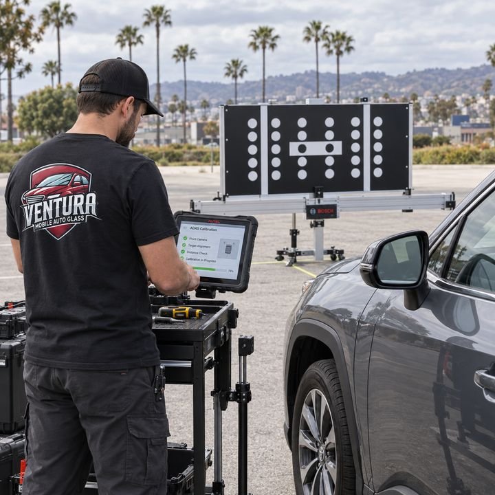 Ventura Mobile Auto Glass technician running an ADAS calibration with a target board and tablet