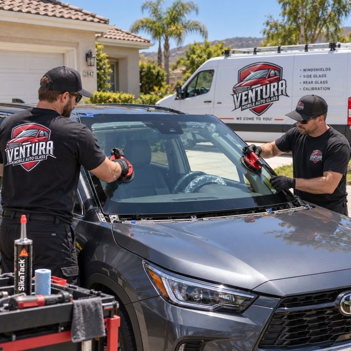 Two Ventura Mobile Auto Glass technicians fitting a windshield beside the company service van