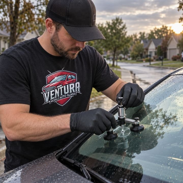 Ventura Mobile Auto Glass technician repairing a windshield chip at a customer's home