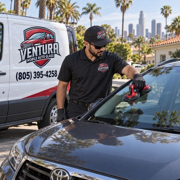 Two Ventura Mobile Auto Glass technicians setting a new windshield on an SUV beside the service van